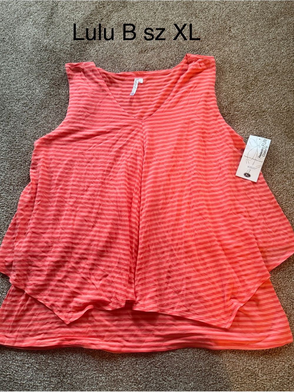 Lulu-B Coral Striped V-Neck Sleeveless Top Sz XL